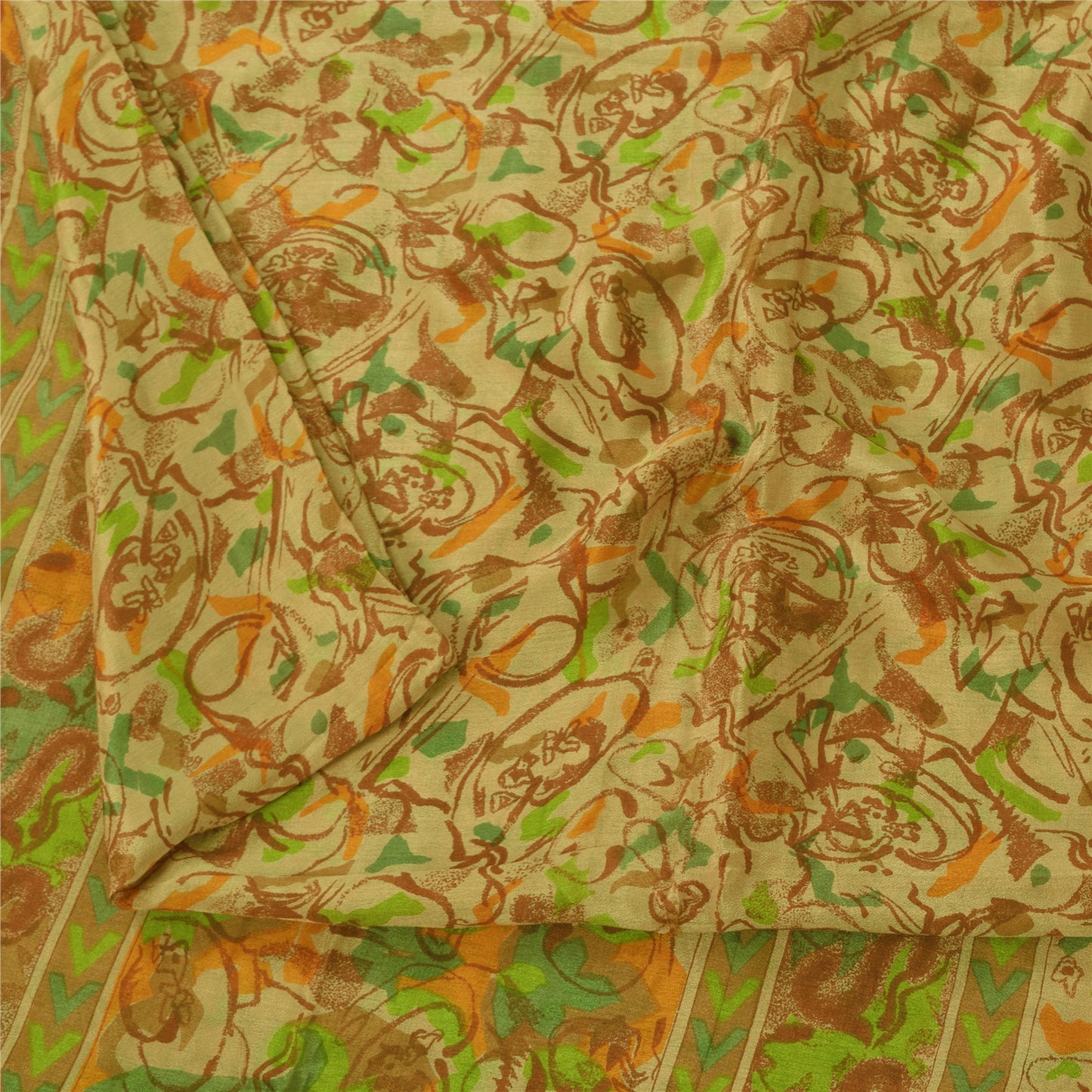 Sanskriti Vintage Sarees Indisk Beige Ren Silke Trykt Sari 6+ yard Håndværk Bæredygtigt Stoff