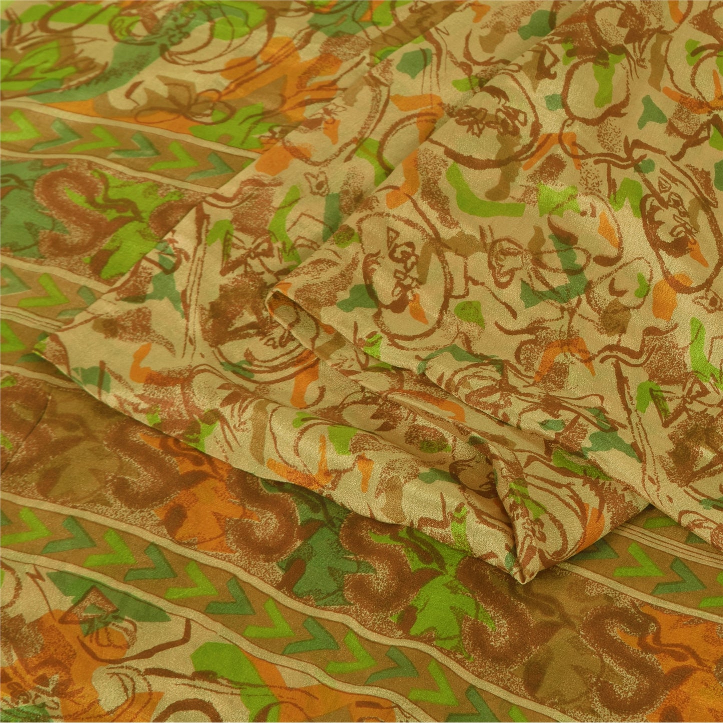 Sanskriti Vintage Sarees Indisk Beige Ren Silke Trykt Sari 6+ yard Håndværk Bæredygtigt Stoff