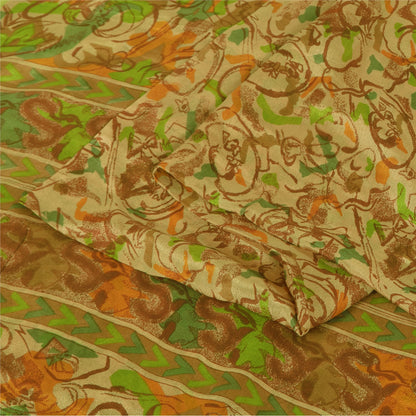 Sanskriti Vintage Sarees Indisk Beige Ren Silke Trykt Sari 6+ yard Håndværk Bæredygtigt Stoff