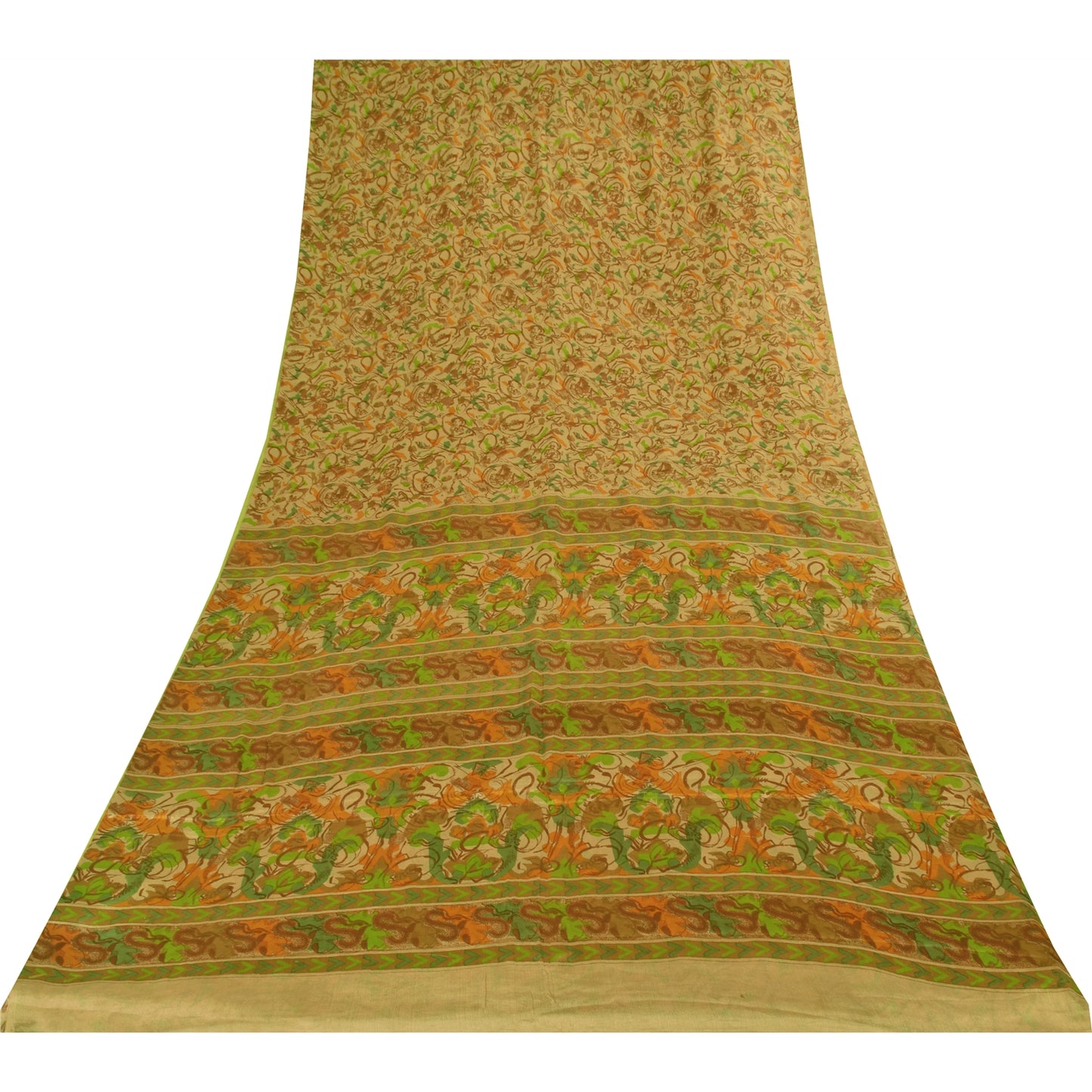 Sanskriti Vintage Sarees Indisk Beige Ren Silke Trykt Sari 6+ yard Håndværk Bæredygtigt Stoff