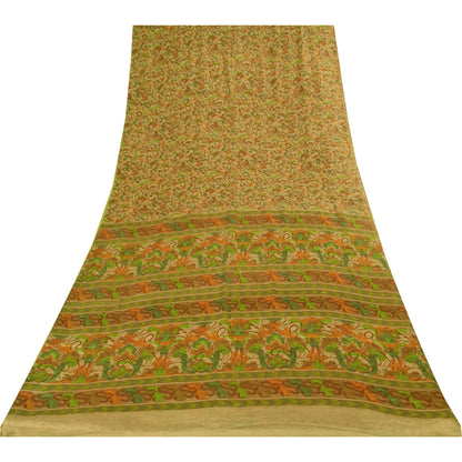 Sanskriti Vintage Sarees Indisk Beige Ren Silke Trykt Sari 6+ yard Håndværk Bæredygtigt Stoff