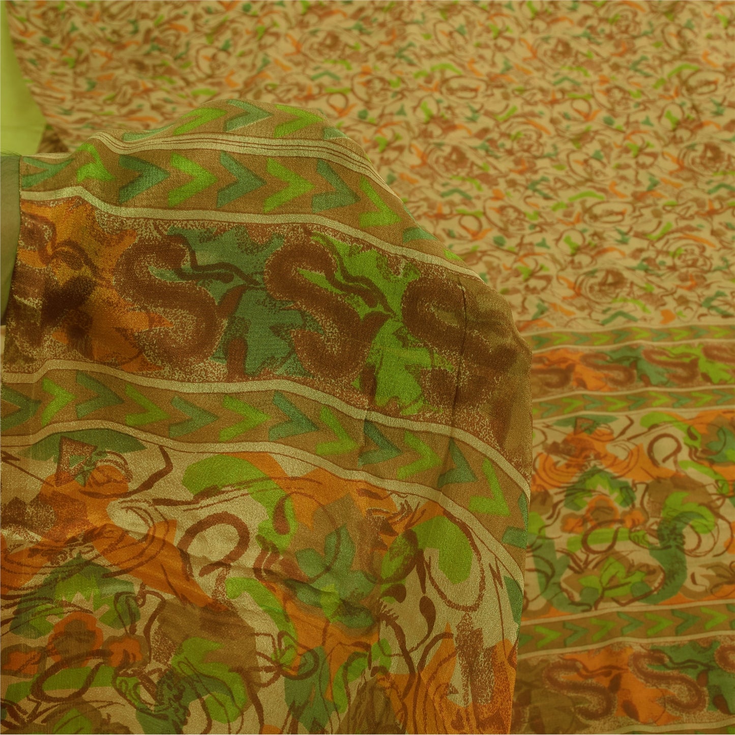 Sanskriti Vintage Sarees Indisk Beige Ren Silke Trykt Sari 6+ yard Håndværk Bæredygtigt Stoff