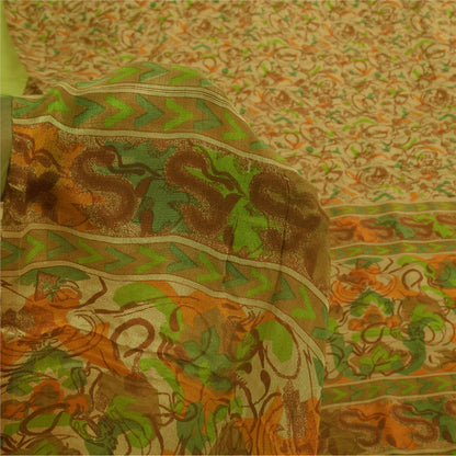 Sanskriti Vintage Sarees Indisk Beige Ren Silke Trykt Sari 6+ yard Håndværk Bæredygtigt Stoff