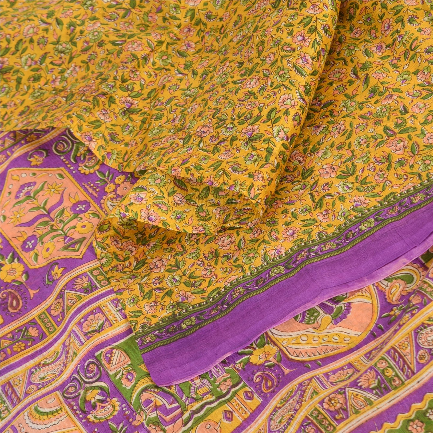 Sanskriti Vintage Sarees Yellow 100% Pure Silk Printed Sari 5+yd Craft Sustainable Fabric