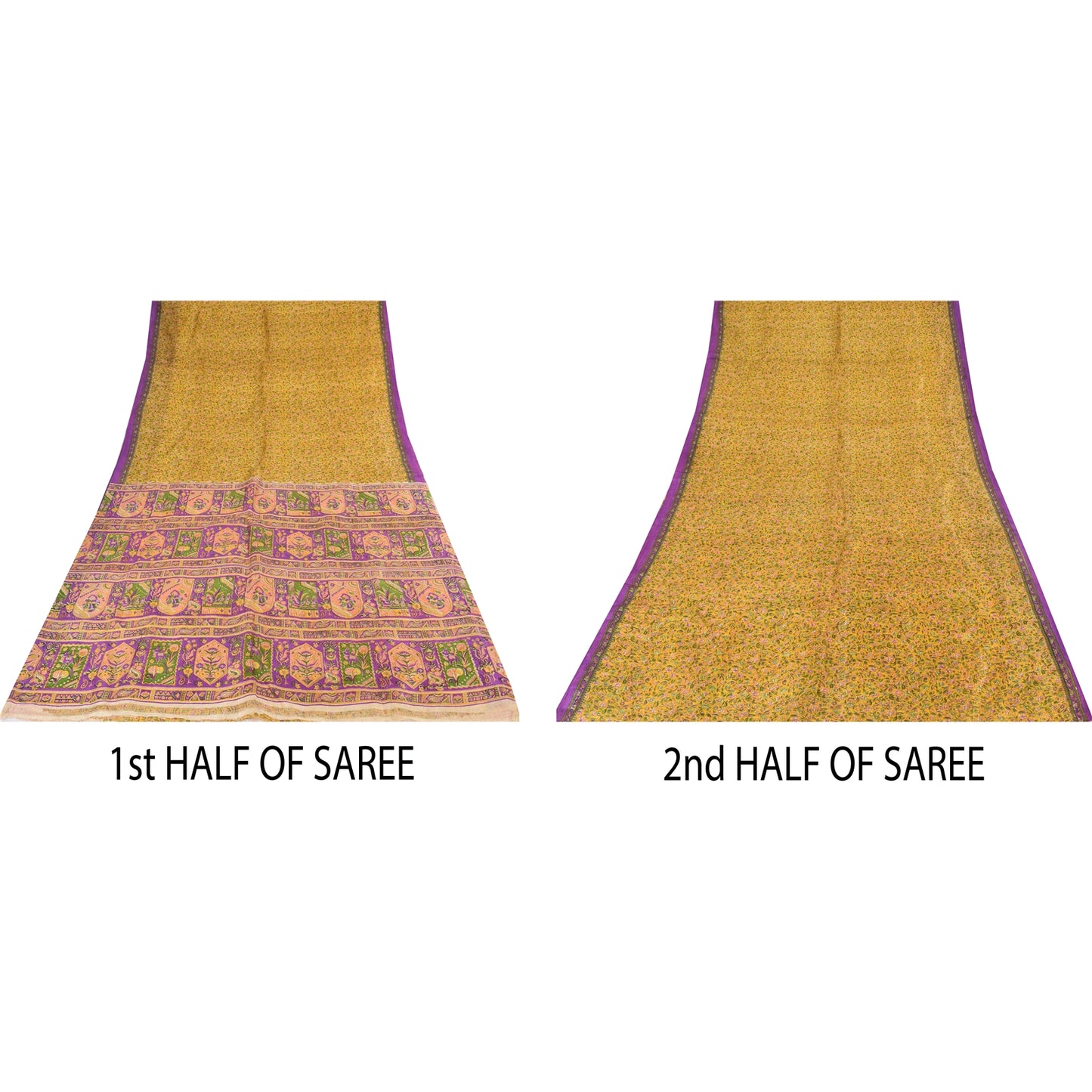 Sanskriti Vintage Sarees Yellow 100% Pure Silk Printed Sari 5+yd Craft Sustainable Fabric