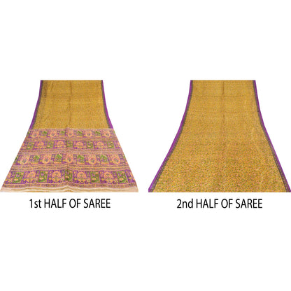 Sanskriti Vintage Sarees Yellow 100% Pure Silk Printed Sari 5+yd Craft Sustainable Fabric