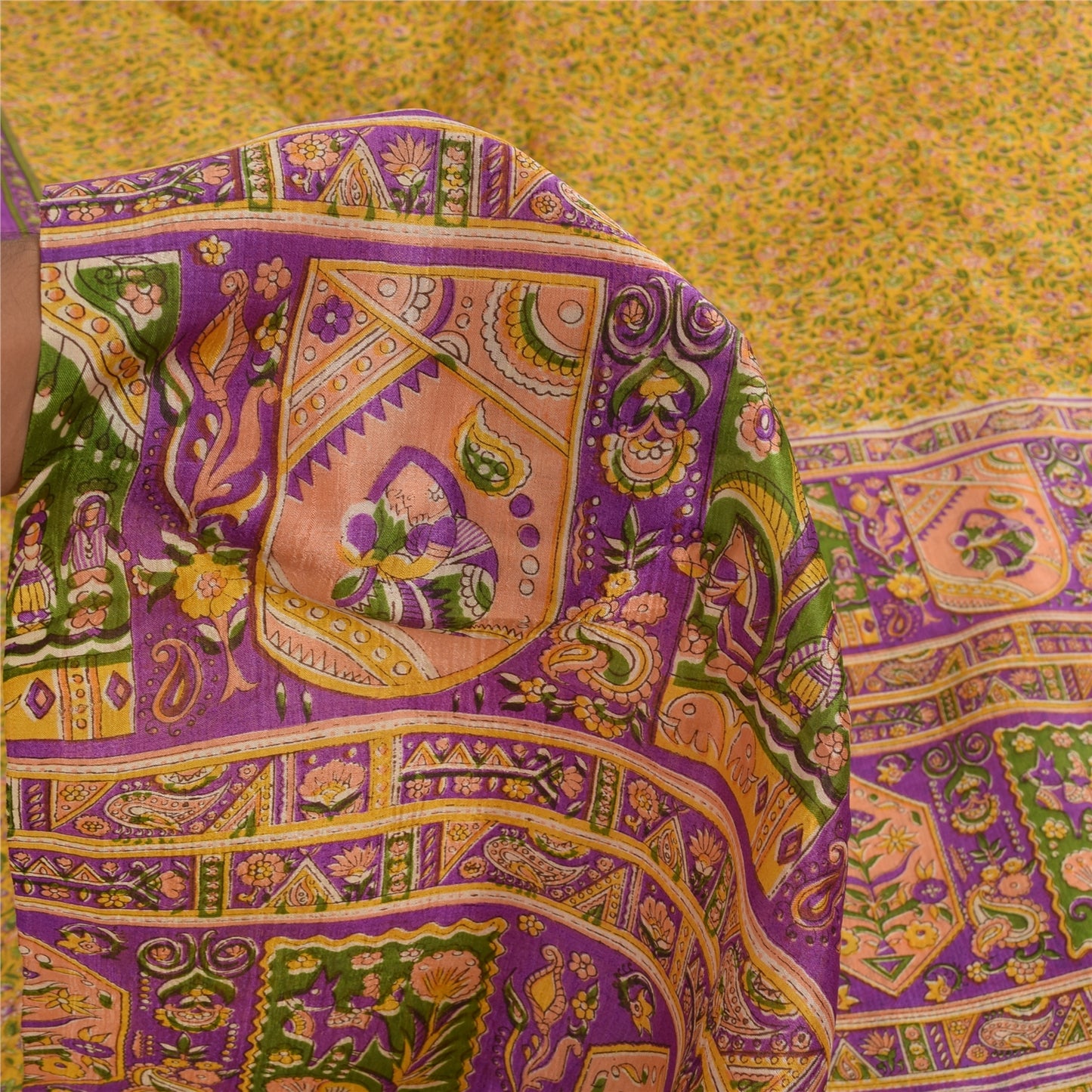 Sanskriti Vintage Sarees Yellow 100% Pure Silk Printed Sari 5+yd Craft Sustainable Fabric