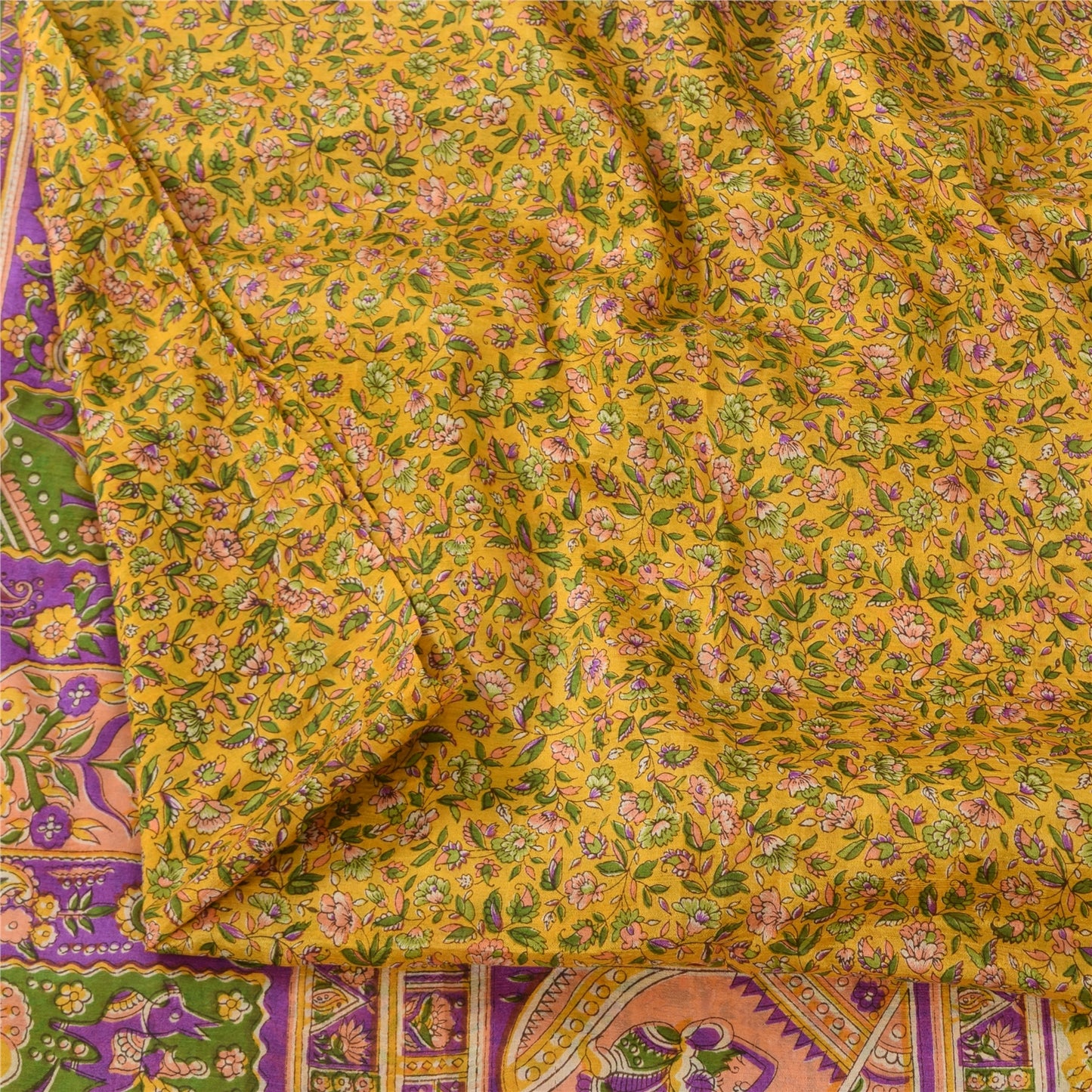 Sanskriti Vintage Sarees Yellow 100% Pure Silk Printed Sari 5+yd Craft Sustainable Fabric
