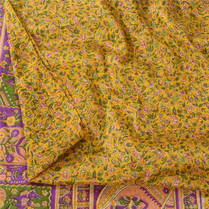 Sanskriti Vintage Sarees Yellow 100% Pure Silk Printed Sari 5+yd Craft Sustainable Fabric