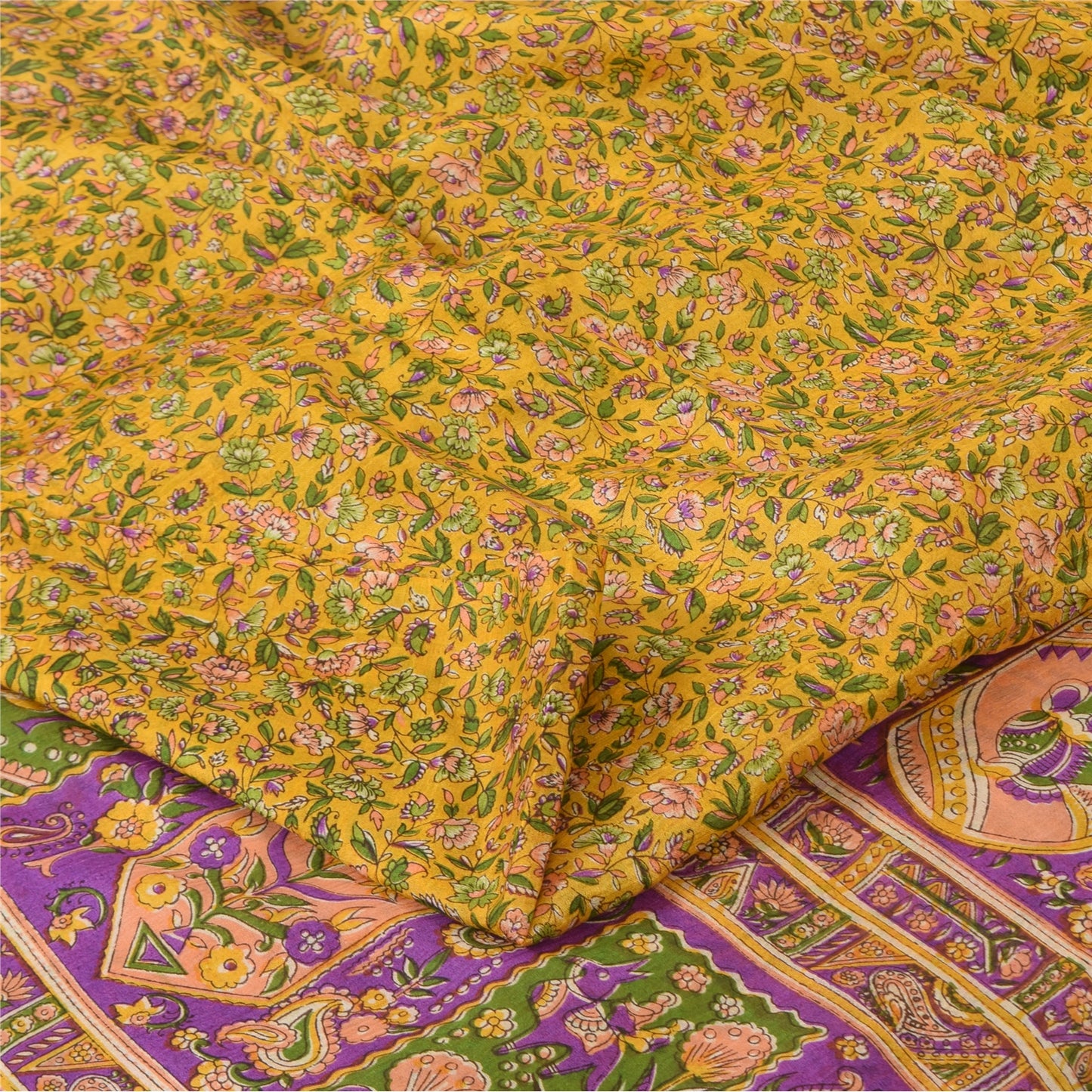 Sanskriti Vintage Sarees Yellow 100% Pure Silk Printed Sari 5+yd Craft Sustainable Fabric