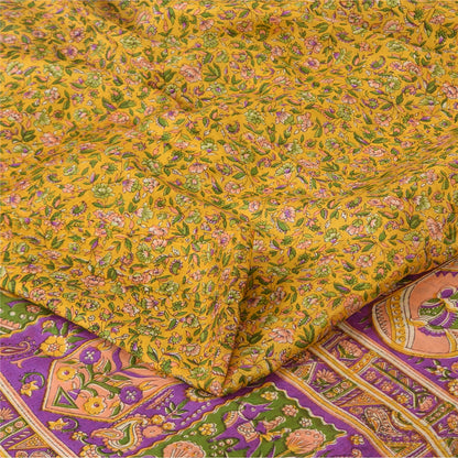 Sanskriti Vintage Sarees Yellow 100% Pure Silk Printed Sari 5+yd Craft Sustainable Fabric
