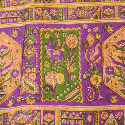 Sanskriti Vintage Sarees Yellow 100% Pure Silk Printed Sari 5+yd Craft Sustainable Fabric