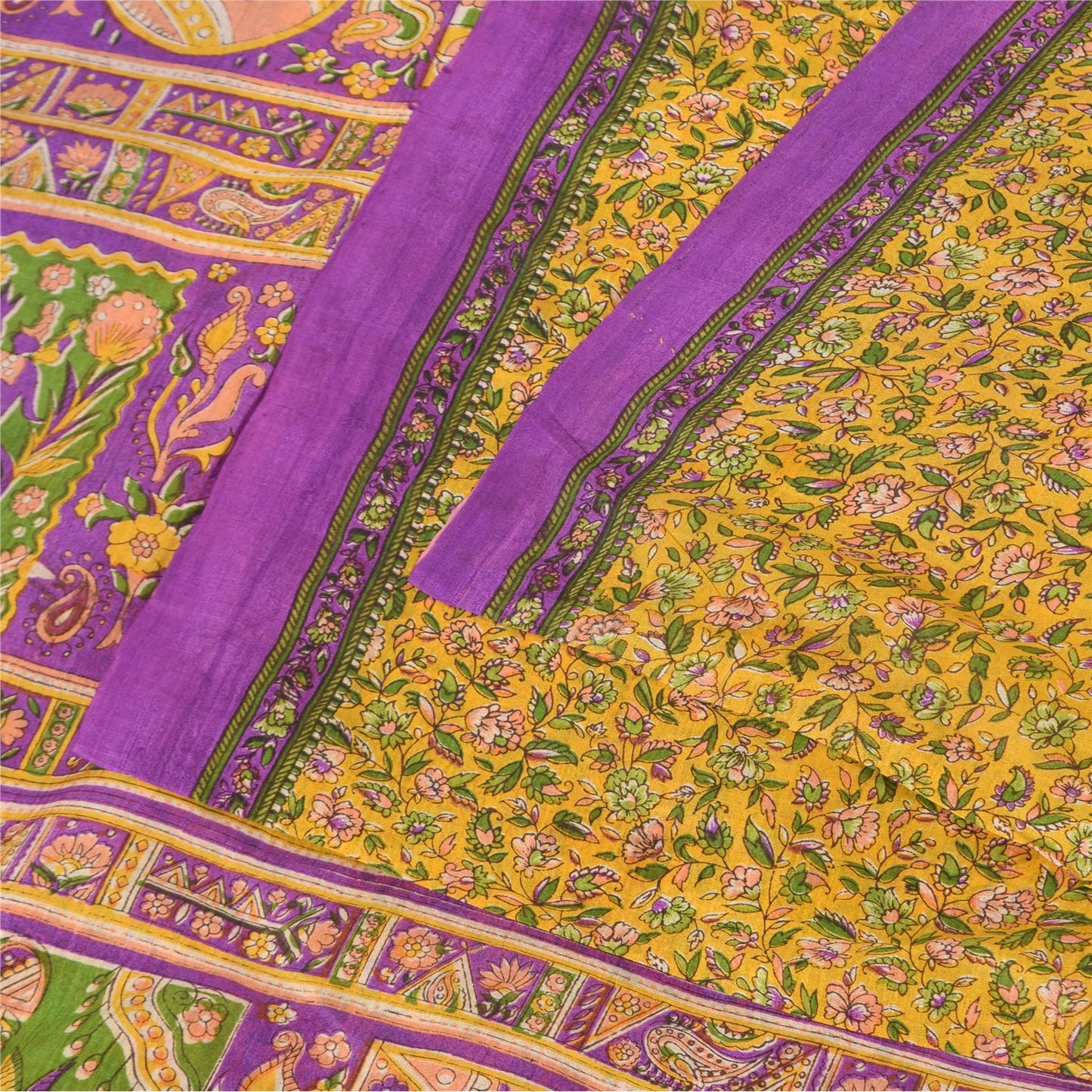 Sanskriti Vintage Sarees Yellow 100% Pure Silk Printed Sari 5+yd Craft Sustainable Fabric