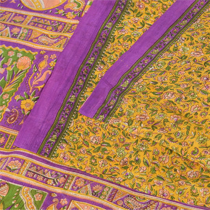 Sanskriti Vintage Sarees Yellow 100% Pure Silk Printed Sari 5+yd Craft Sustainable Fabric
