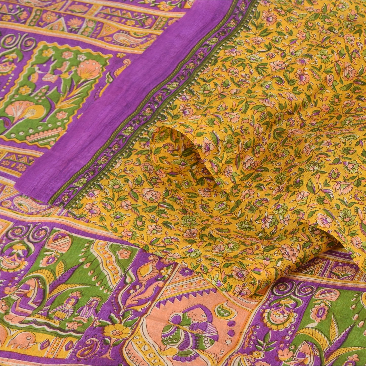Sanskriti Vintage Sarees Yellow 100% Pure Silk Printed Sari 5+yd Craft Sustainable Fabric