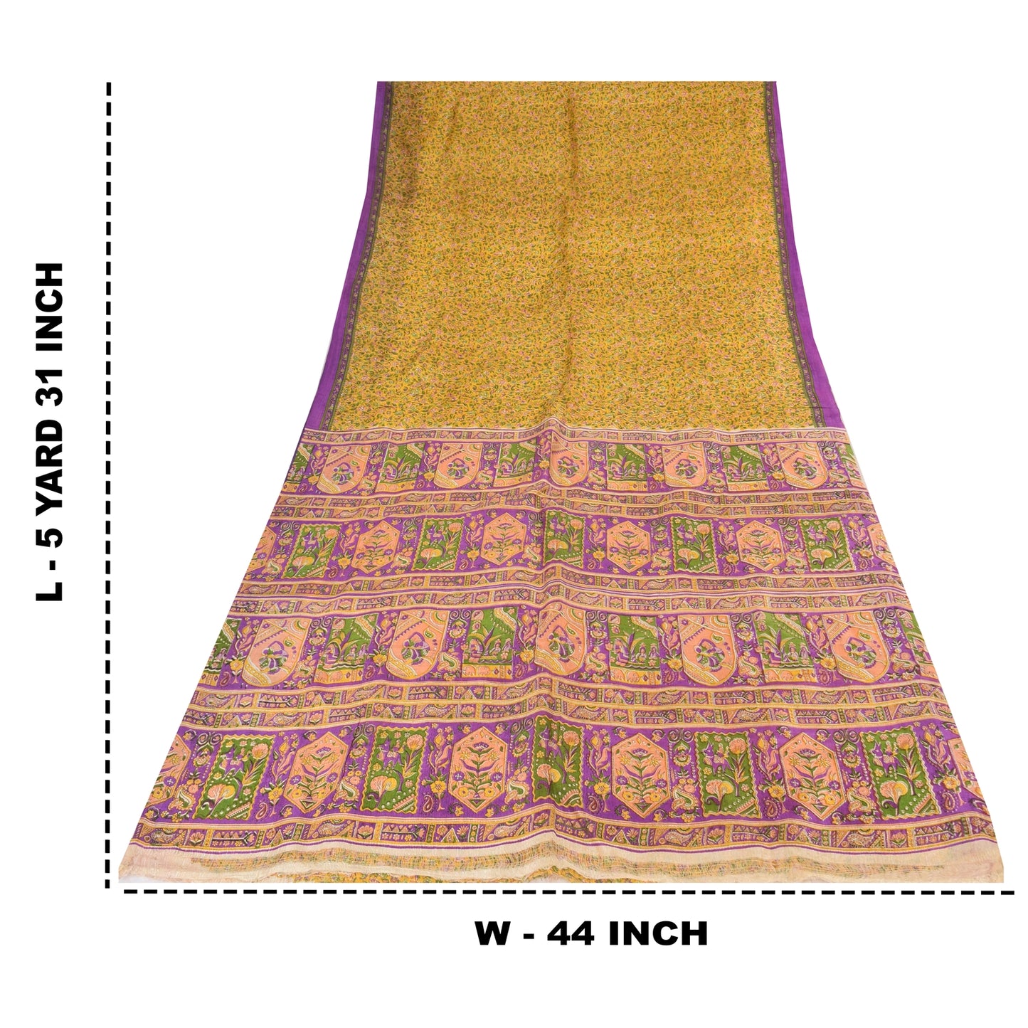 Sanskriti Vintage Sarees Yellow 100% Pure Silk Printed Sari 5+yd Craft Sustainable Fabric