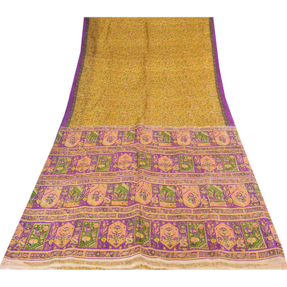 Sanskriti Vintage Sarees Yellow 100% Pure Silk Printed Sari 5+yd Craft Sustainable Fabric