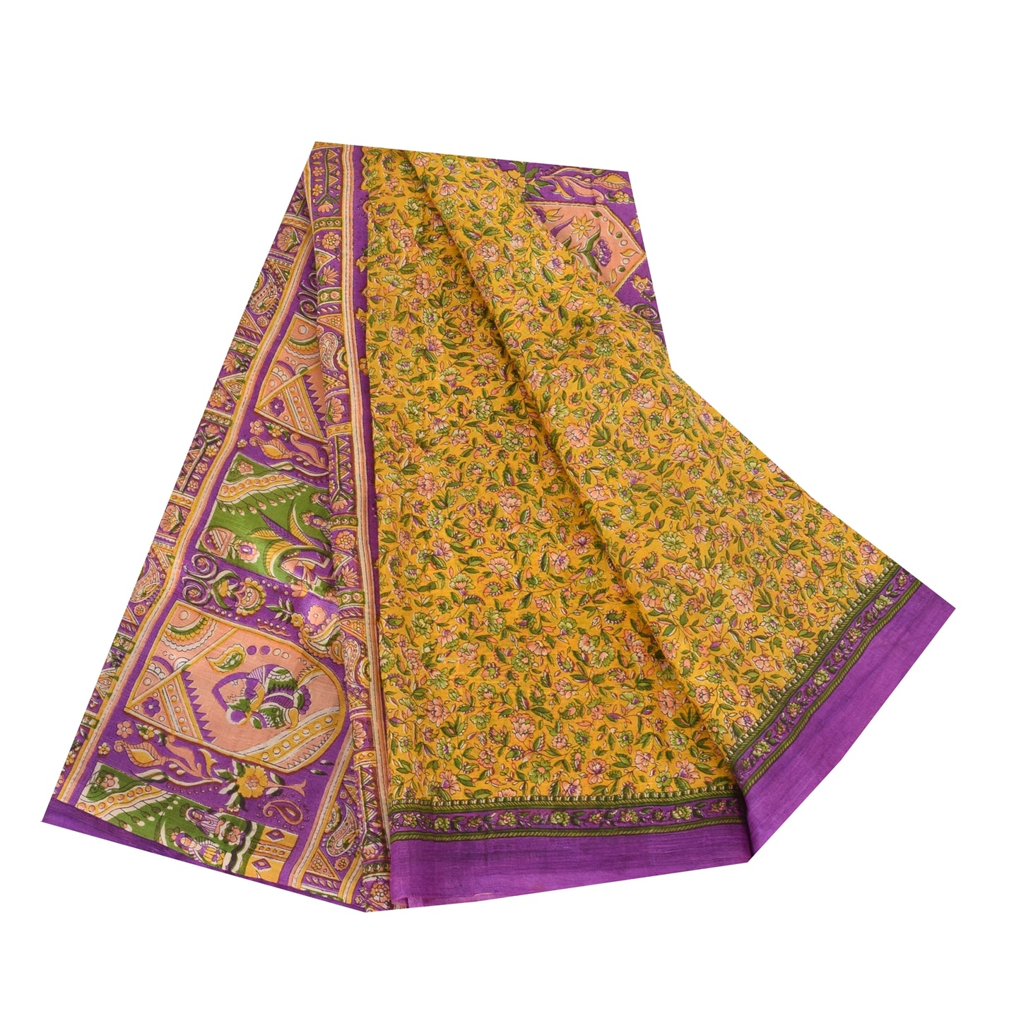 Sanskriti Vintage Sarees Yellow 100% Pure Silk Printed Sari 5+yd Craft Sustainable Fabric