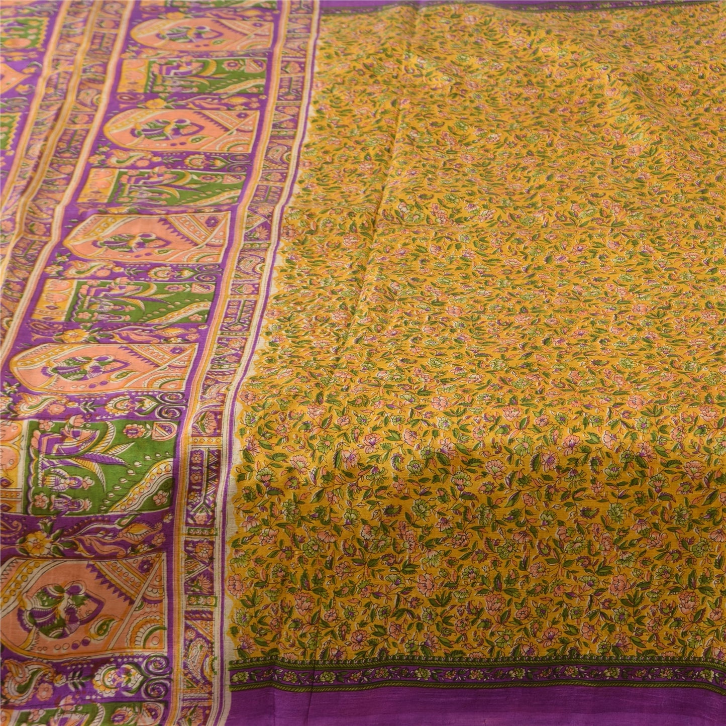 Sanskriti Vintage Sarees Yellow 100% Pure Silk Printed Sari 5+yd Craft Sustainable Fabric