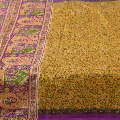 Sanskriti Vintage Sarees Yellow 100% Pure Silk Printed Sari 5+yd Craft Sustainable Fabric