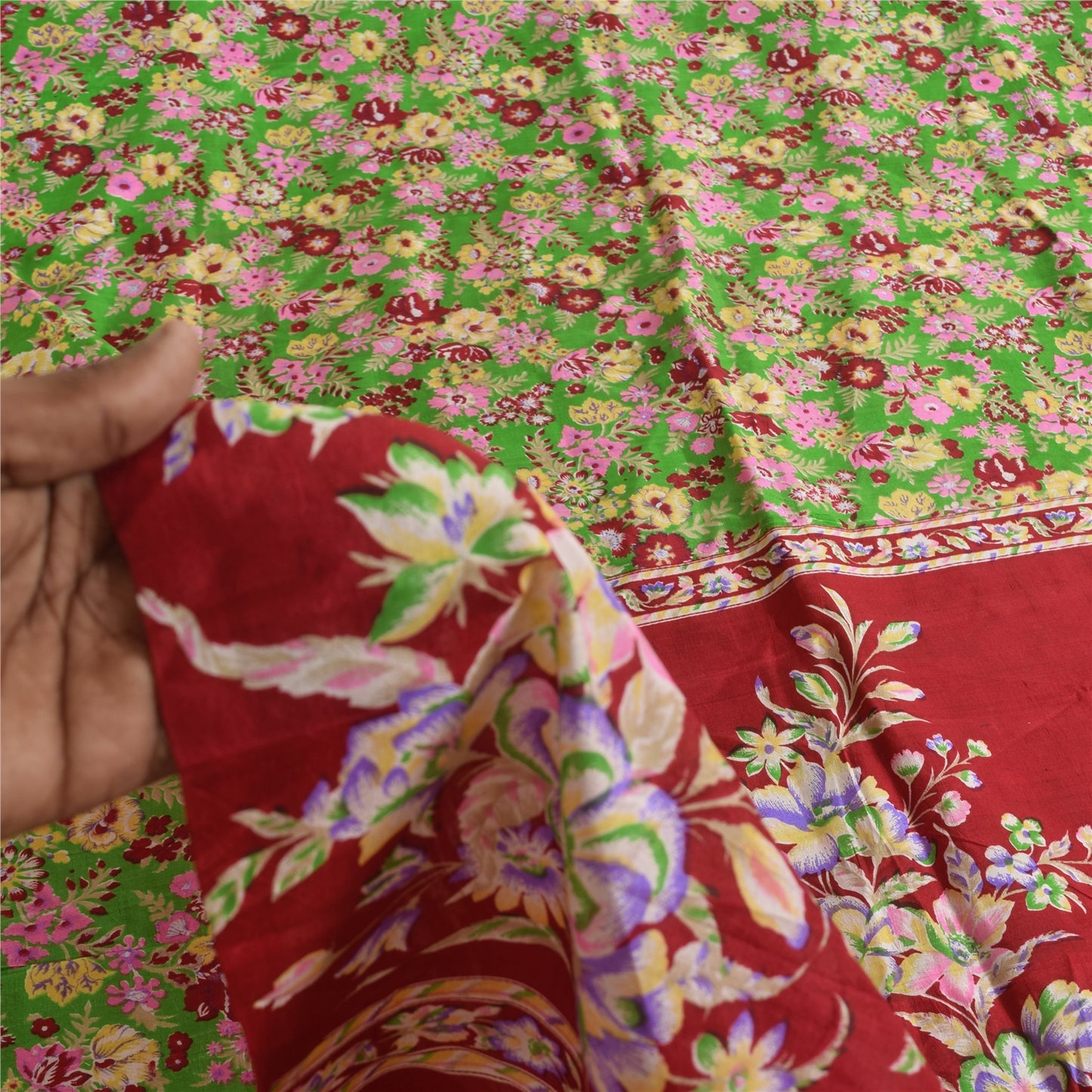 Sanskriti Vintage Sarees Green Indian Pure Silk Printed Sari 5+yd Craft Sustainable Fabric