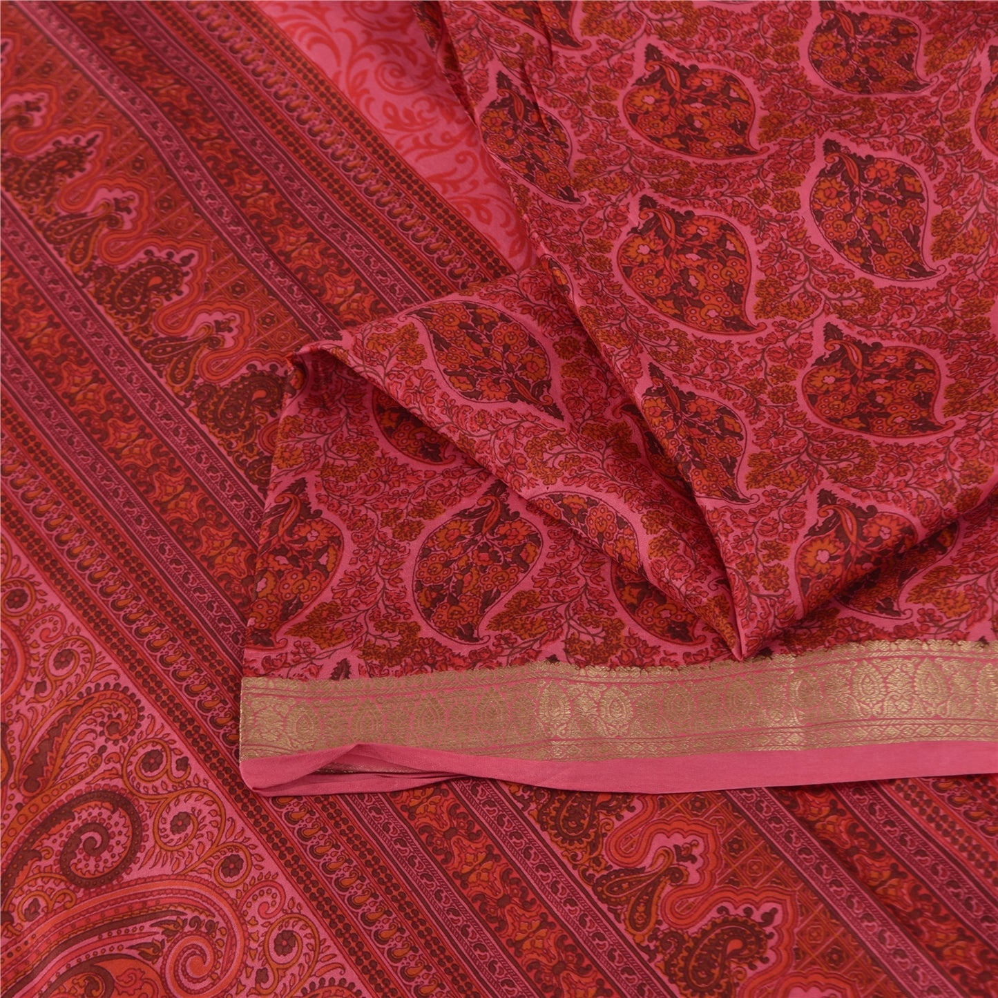 Sanskriti Vintage Sarees Pink Pure Silk Floral Printed Sari 5+yd Craft Fabric