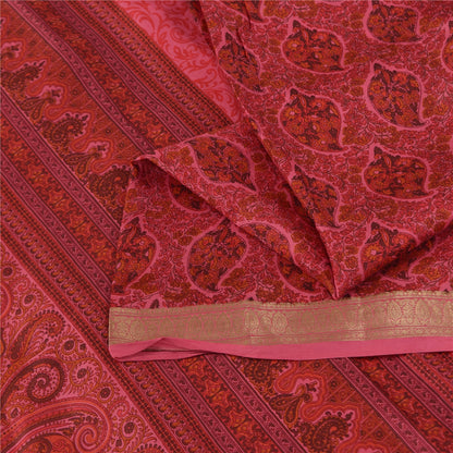 Sanskriti Vintage Sarees Pink Pure Silk Floral Printed Sari 5+yd Craft Fabric