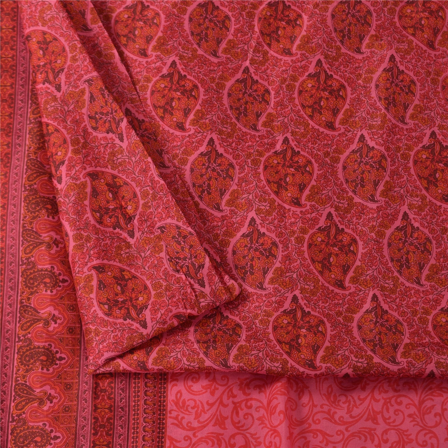 Sanskriti Vintage Sarees Pink Pure Silk Floral Printed Sari 5+yd Craft Fabric