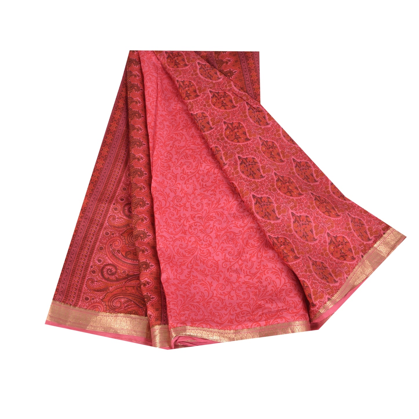 Sanskriti Vintage Sarees Pink Pure Silk Floral Printed Sari 5+yd Craft Fabric