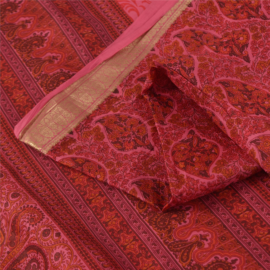 Sanskriti Vintage Sarees Pink Pure Silk Floral Printed Sari 5+yd Craft Fabric