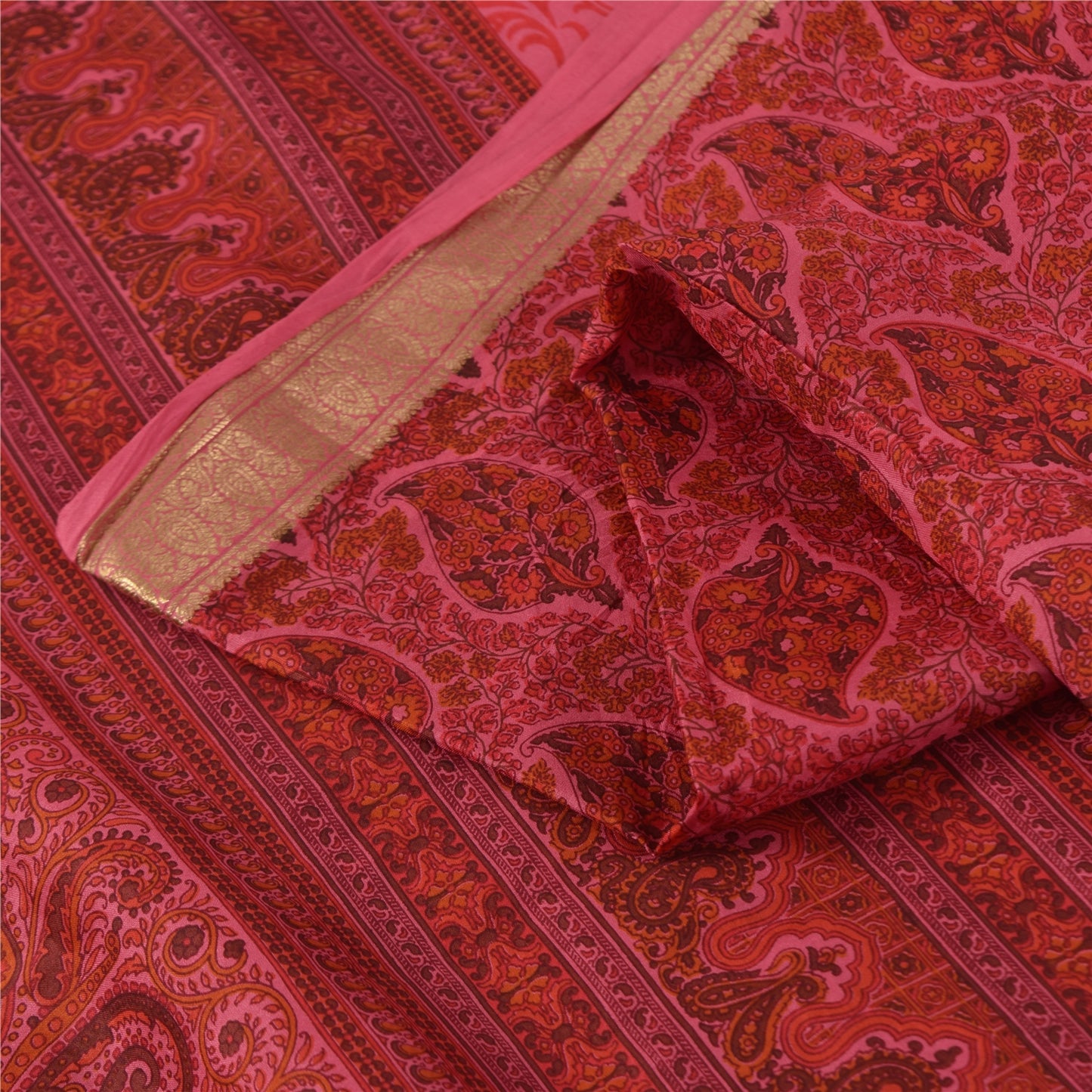 Sanskriti Vintage Sarees Pink Pure Silk Floral Printed Sari 5+yd Craft Fabric