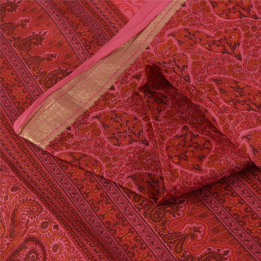 Sanskriti Vintage Sarees Pink Pure Silk Floral Printed Sari 5+yd Craft Fabric