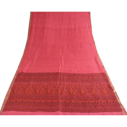 Sanskriti Vintage Sarees Pink Pure Silk Floral Printed Sari 5+yd Craft Fabric