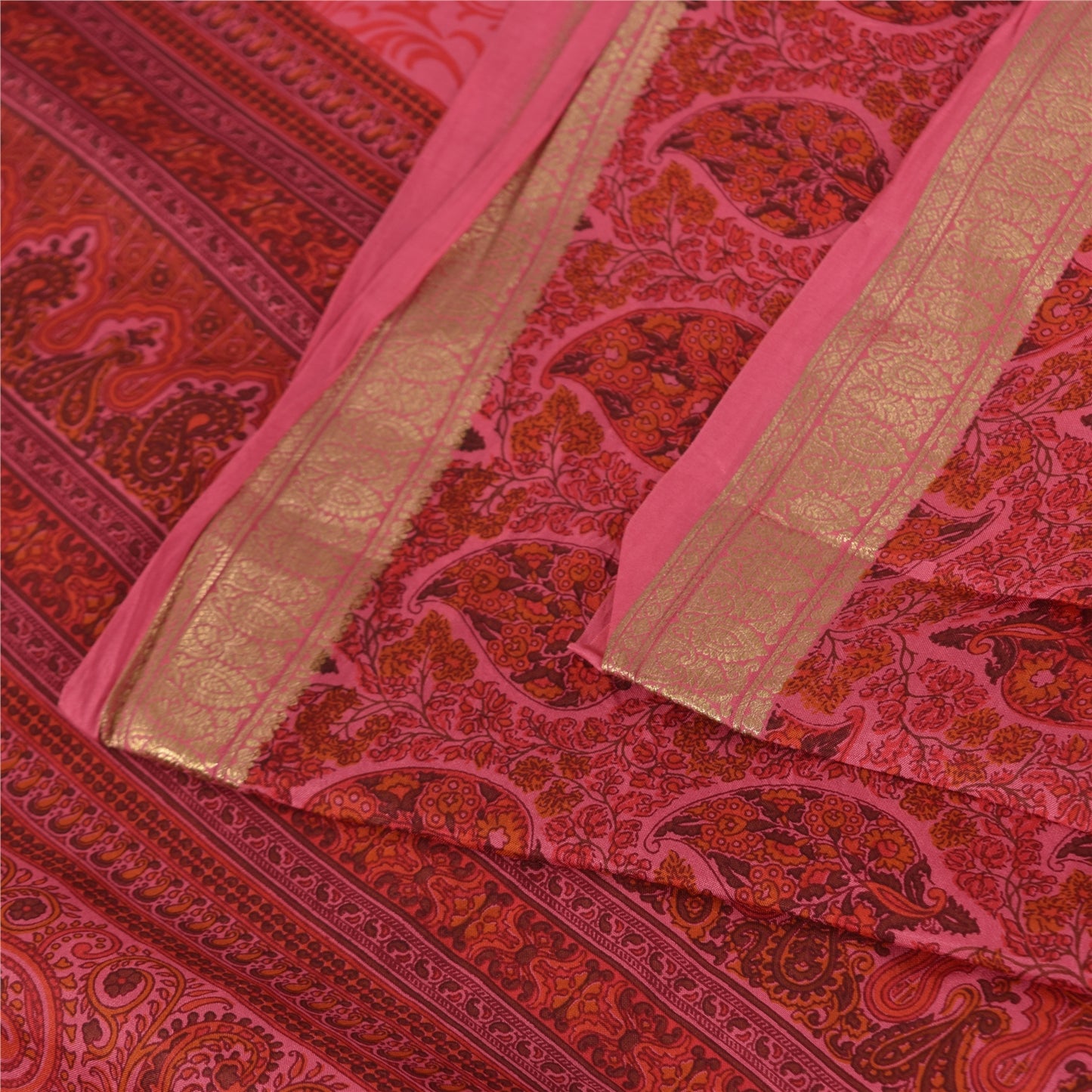 Sanskriti Vintage Sarees Pink Pure Silk Floral Printed Sari 5+yd Craft Fabric