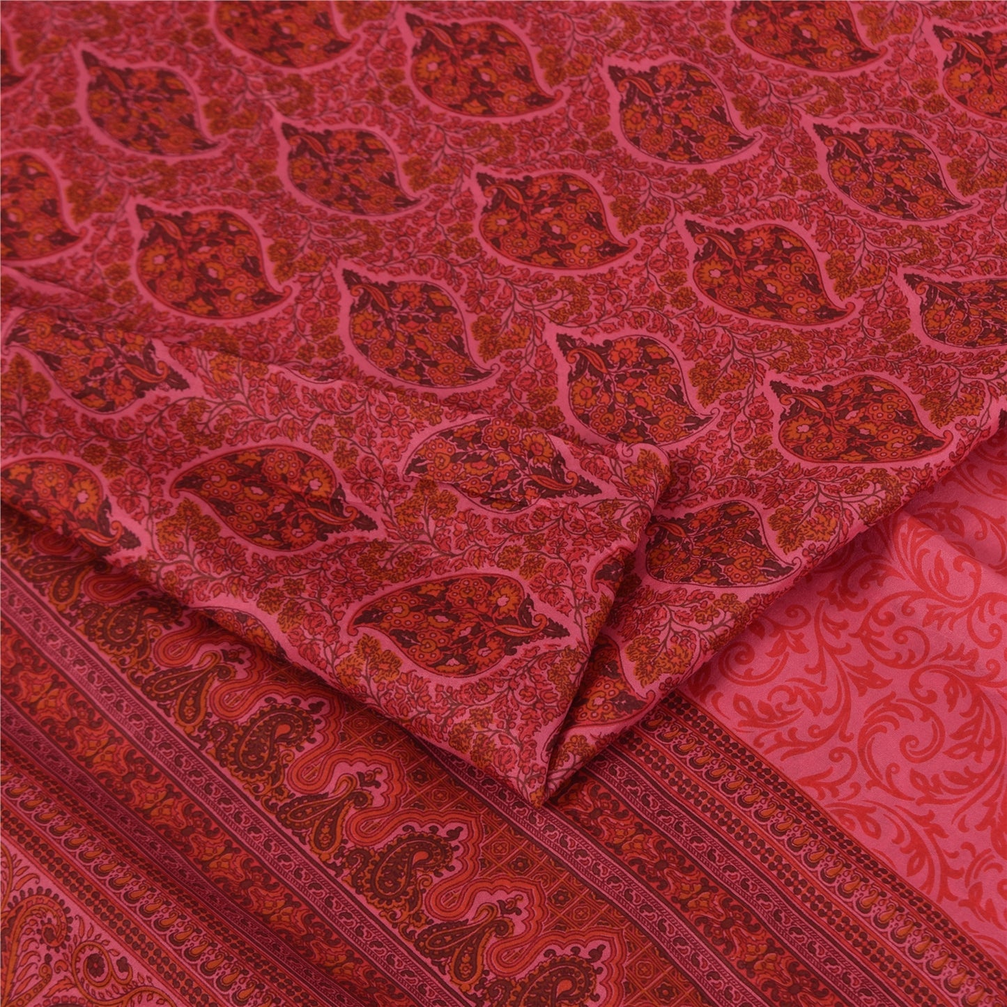 Sanskriti Vintage Sarees Pink Pure Silk Floral Printed Sari 5+yd Craft Fabric