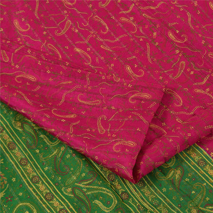Sanskriti Vintage Sarees Pink Pure Silk Paisley Printed Sari 5+yd Craft Fabric