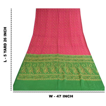 Sanskriti Vintage Sarees Pink Pure Silk Paisley Printed Sari 5+yd Craft Fabric