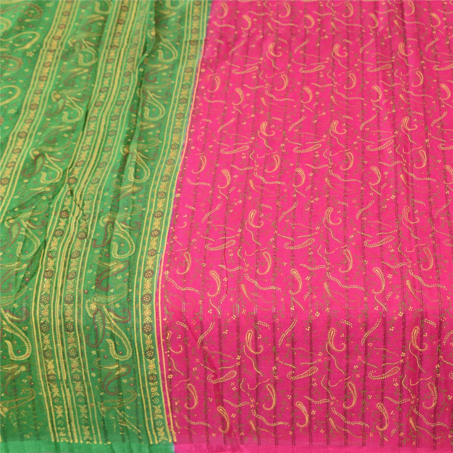 Sanskriti Vintage Sarees Pink Pure Silk Paisley Printed Sari 5+yd Craft Fabric