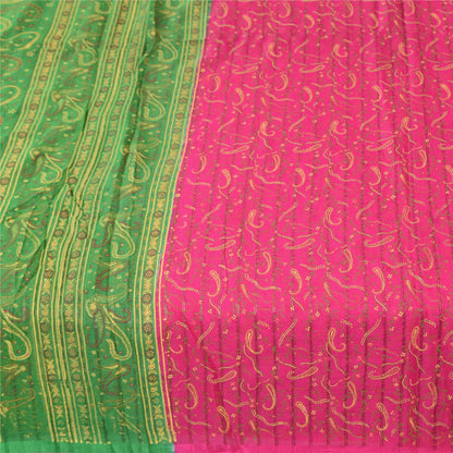 Sanskriti Vintage Sarees Pink Pure Silk Paisley Printed Sari 5+yd Craft Fabric