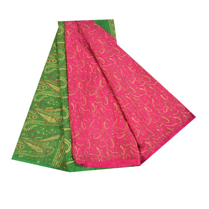 Sanskriti Vintage Sarees Pink Pure Silk Paisley Printed Sari 5+yd Craft Fabric
