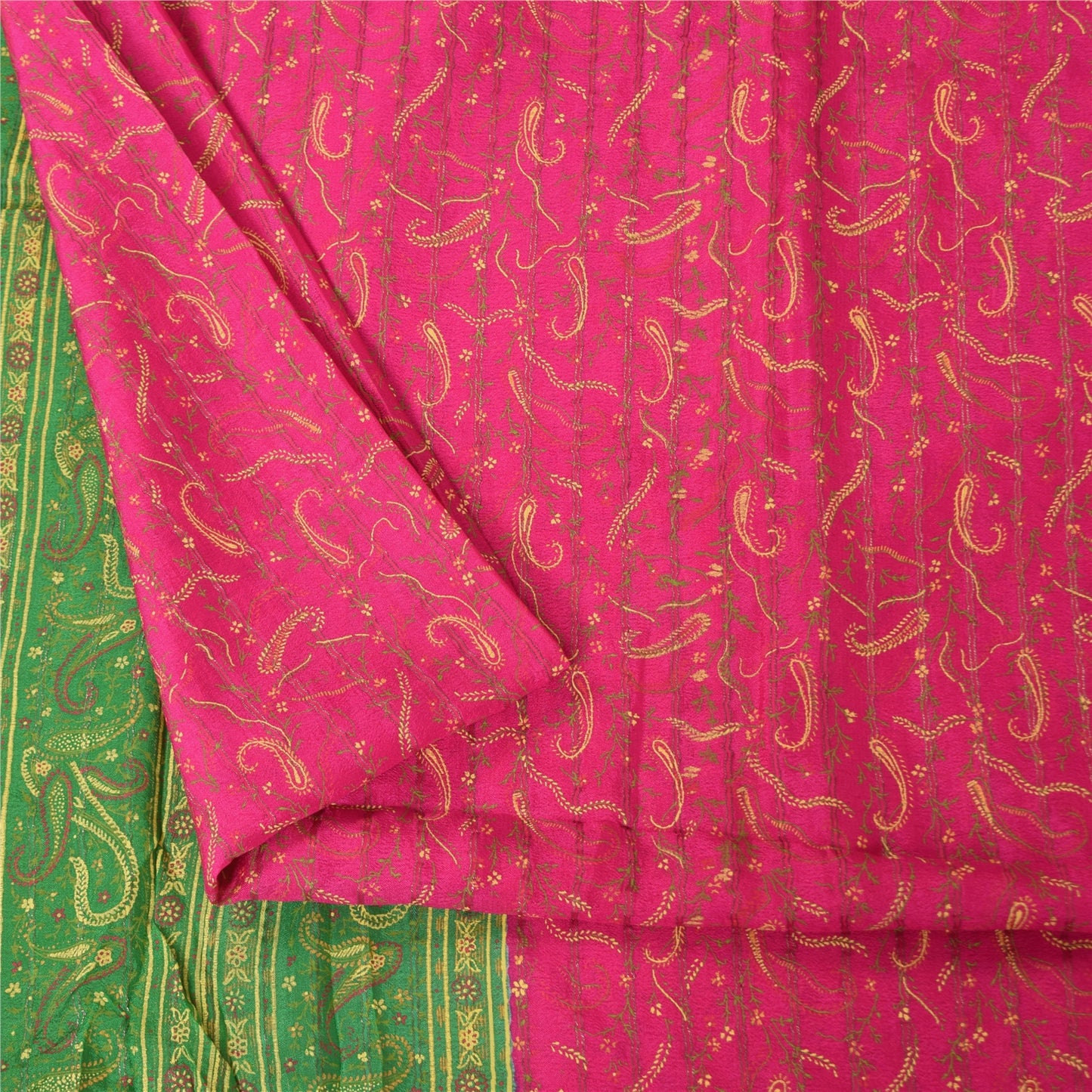 Sanskriti Vintage Sarees Pink Pure Silk Paisley Printed Sari 5+yd Craft Fabric