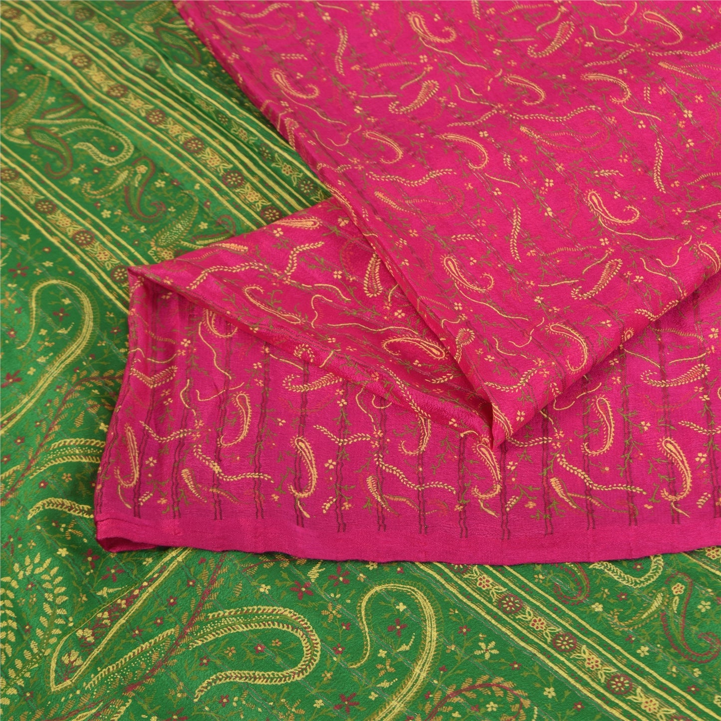 Sanskriti Vintage Sarees Pink Pure Silk Paisley Printed Sari 5+yd Craft Fabric