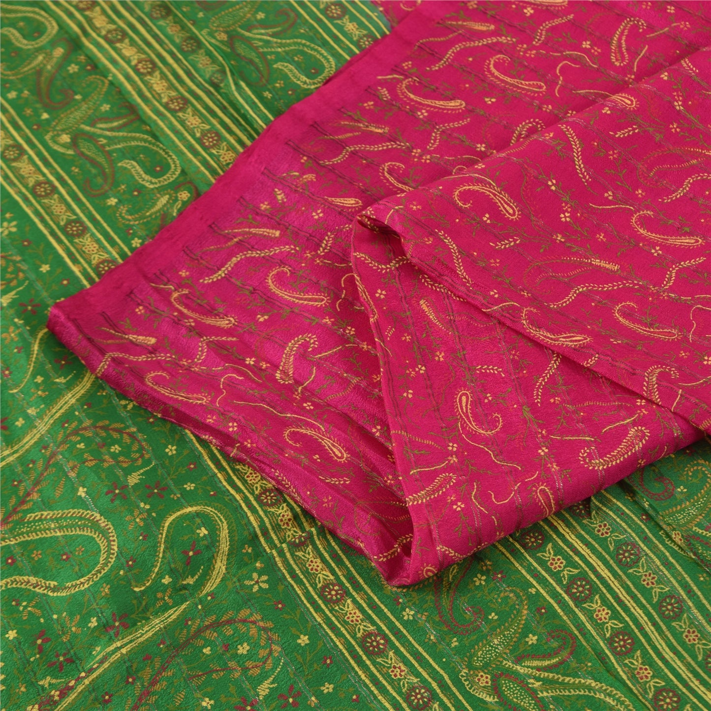 Sanskriti Vintage Sarees Pink Pure Silk Paisley Printed Sari 5+yd Craft Fabric