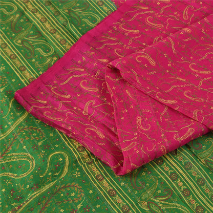 Sanskriti Vintage Sarees Pink Pure Silk Paisley Printed Sari 5+yd Craft Fabric