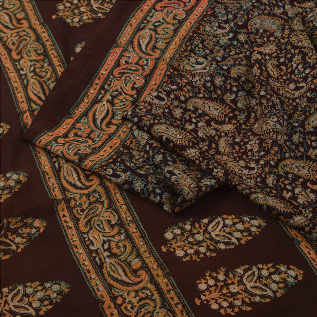 Sanskriti Vintage Sarees Brown Pure Silk Printed Sari 5+yd Craft Sustainable Fabric