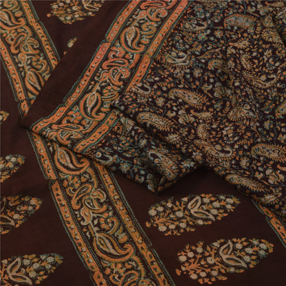 Sanskriti Vintage Sarees Brown Pure Silk Printed Sari 5+yd Craft Sustainable Fabric