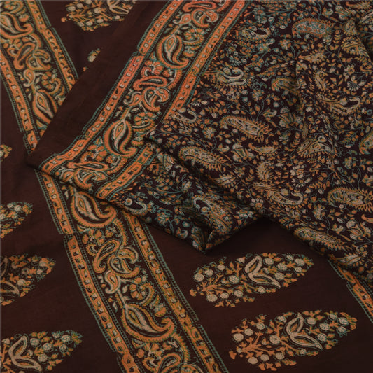 Sanskriti Vintage Sarees Brown Pure Silk Printed Sari 5+yd Craft Sustainable Fabric