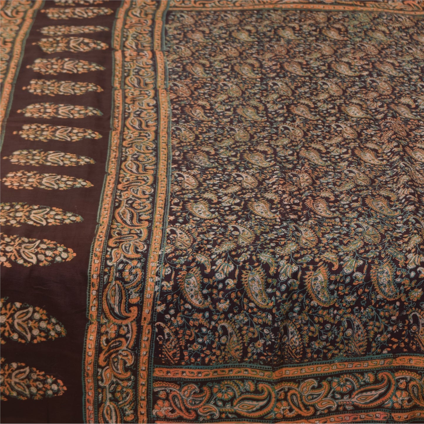 Sanskriti Vintage Sarees Brown Pure Silk Printed Sari 5+yd Craft Sustainable Fabric
