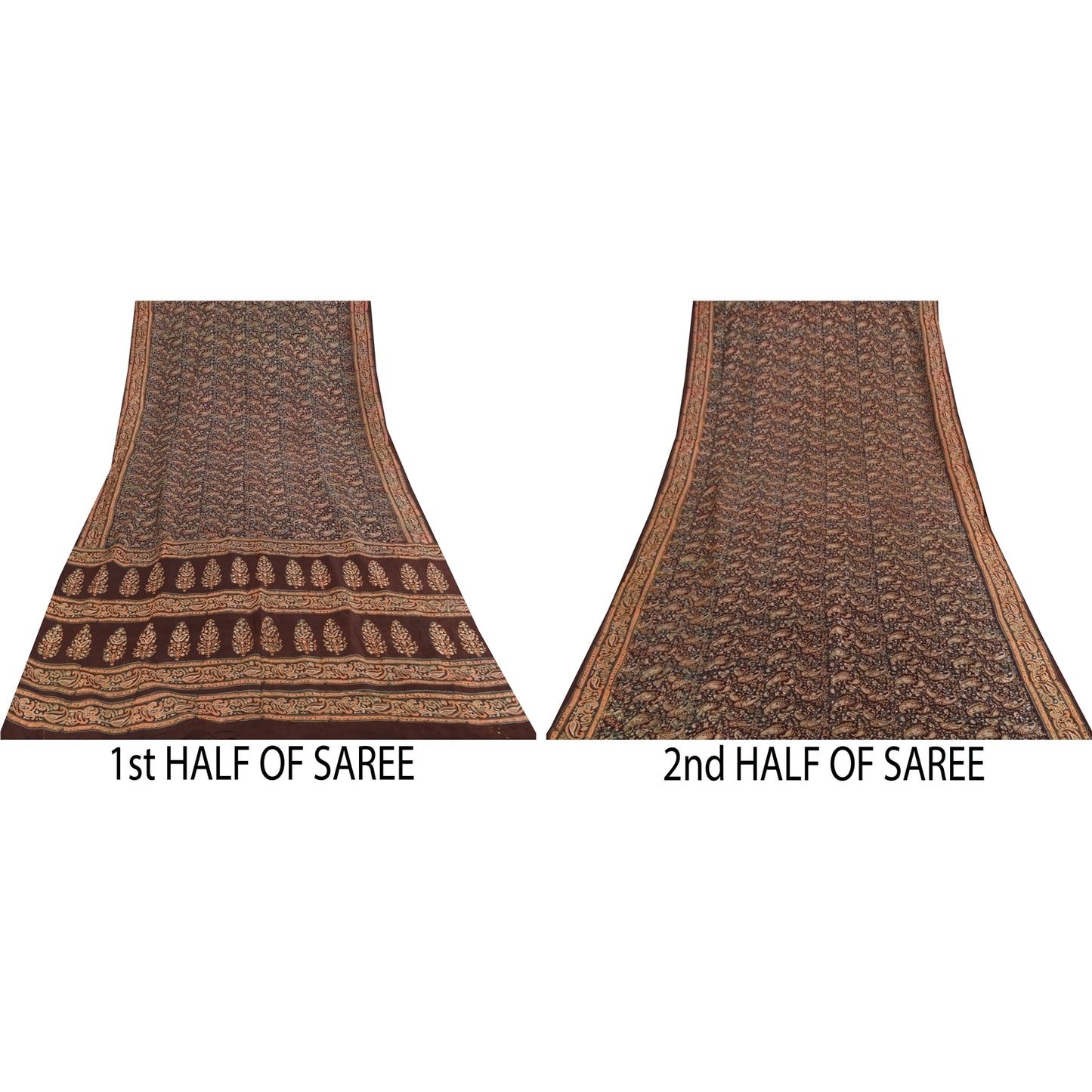 Sanskriti Vintage Sarees Brown Pure Silk Printed Sari 5+yd Craft Sustainable Fabric