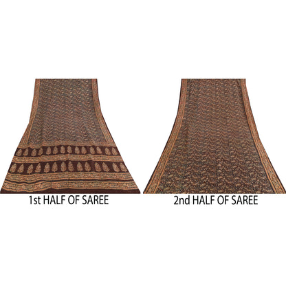 Sanskriti Vintage Sarees Brown Pure Silk Printed Sari 5+yd Craft Sustainable Fabric